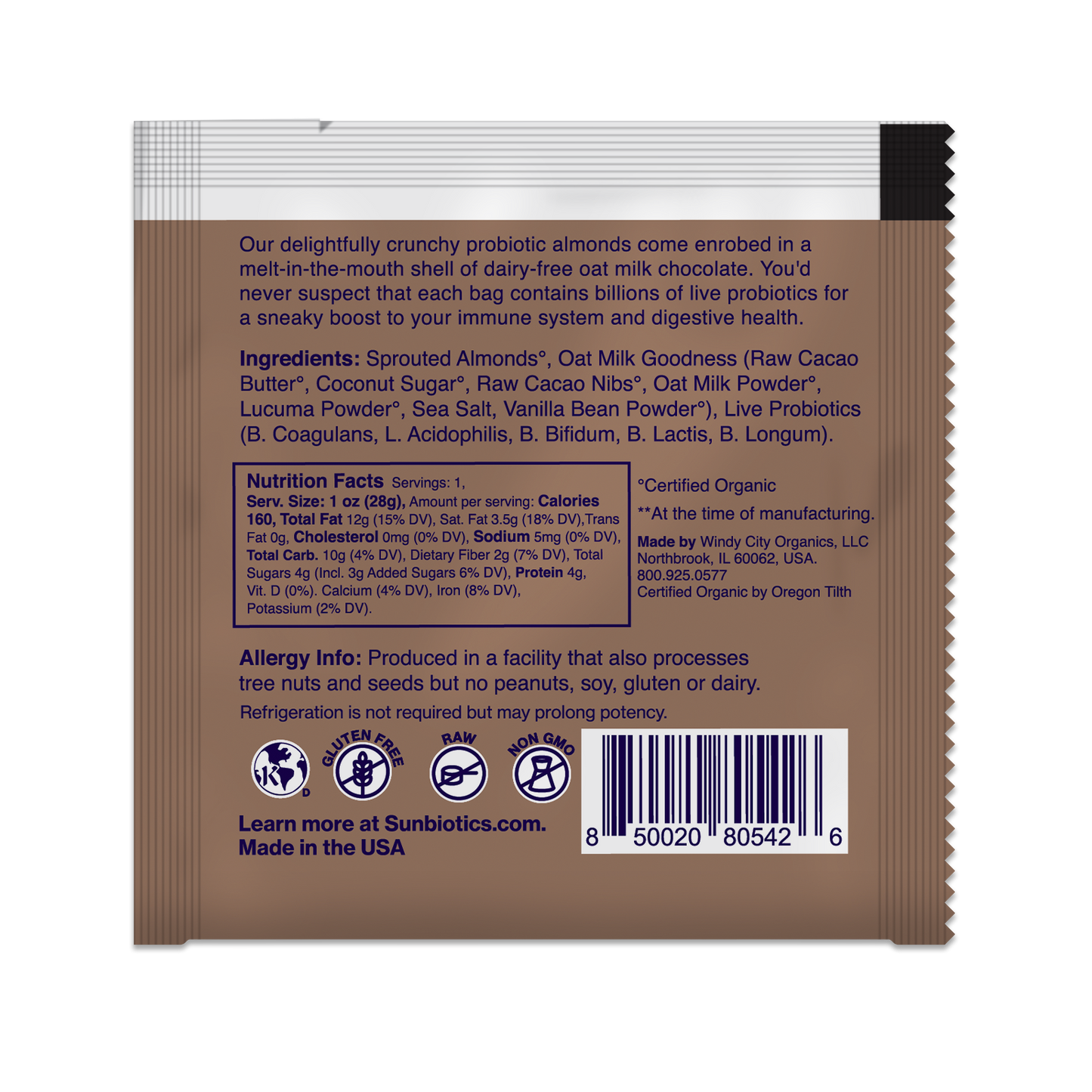 Back of package with ingredients and nutritional value.