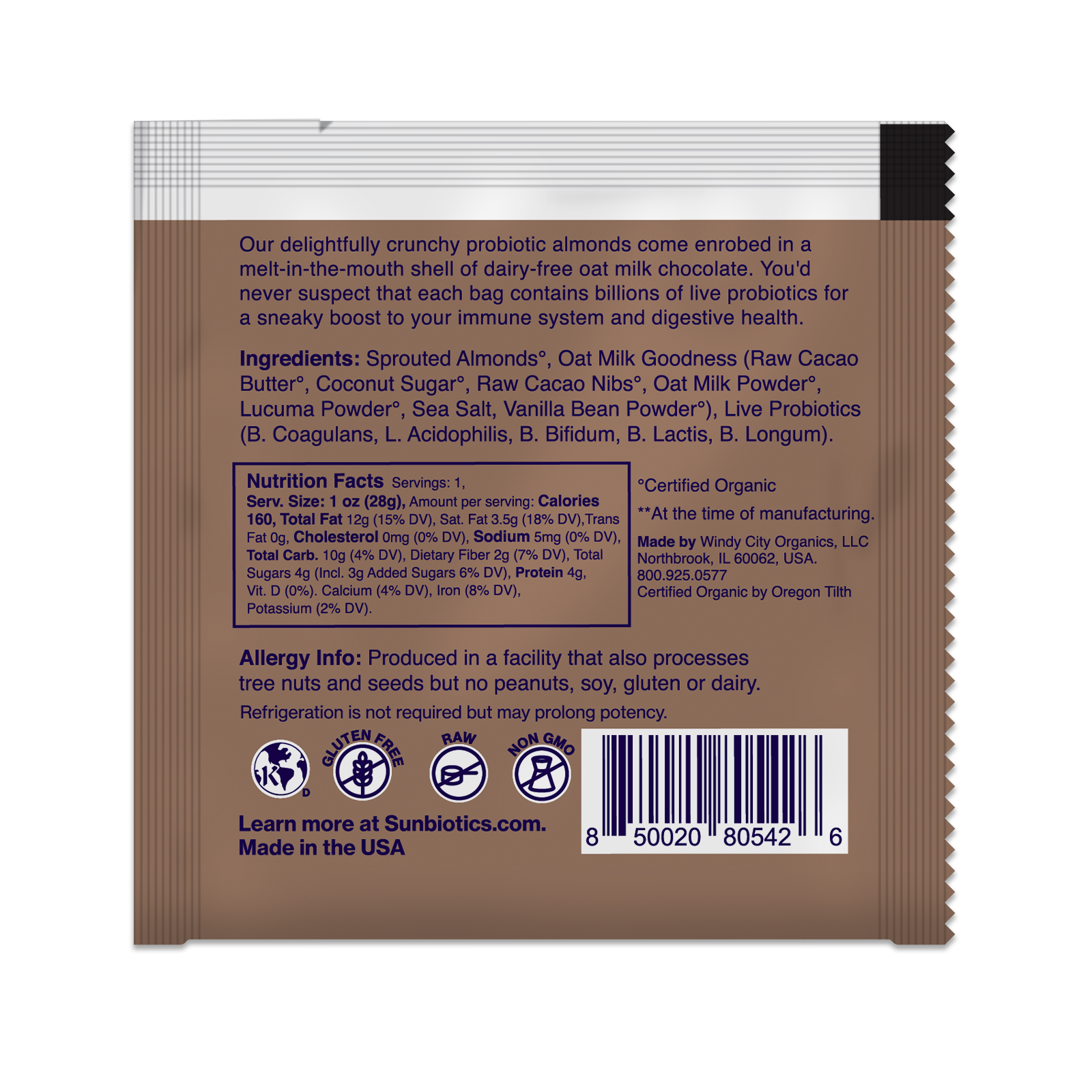 Back of package with ingredients and nutritional value.