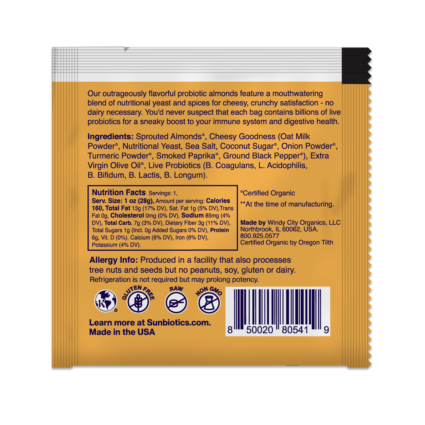 Back of package with ingredients and nutritional value.