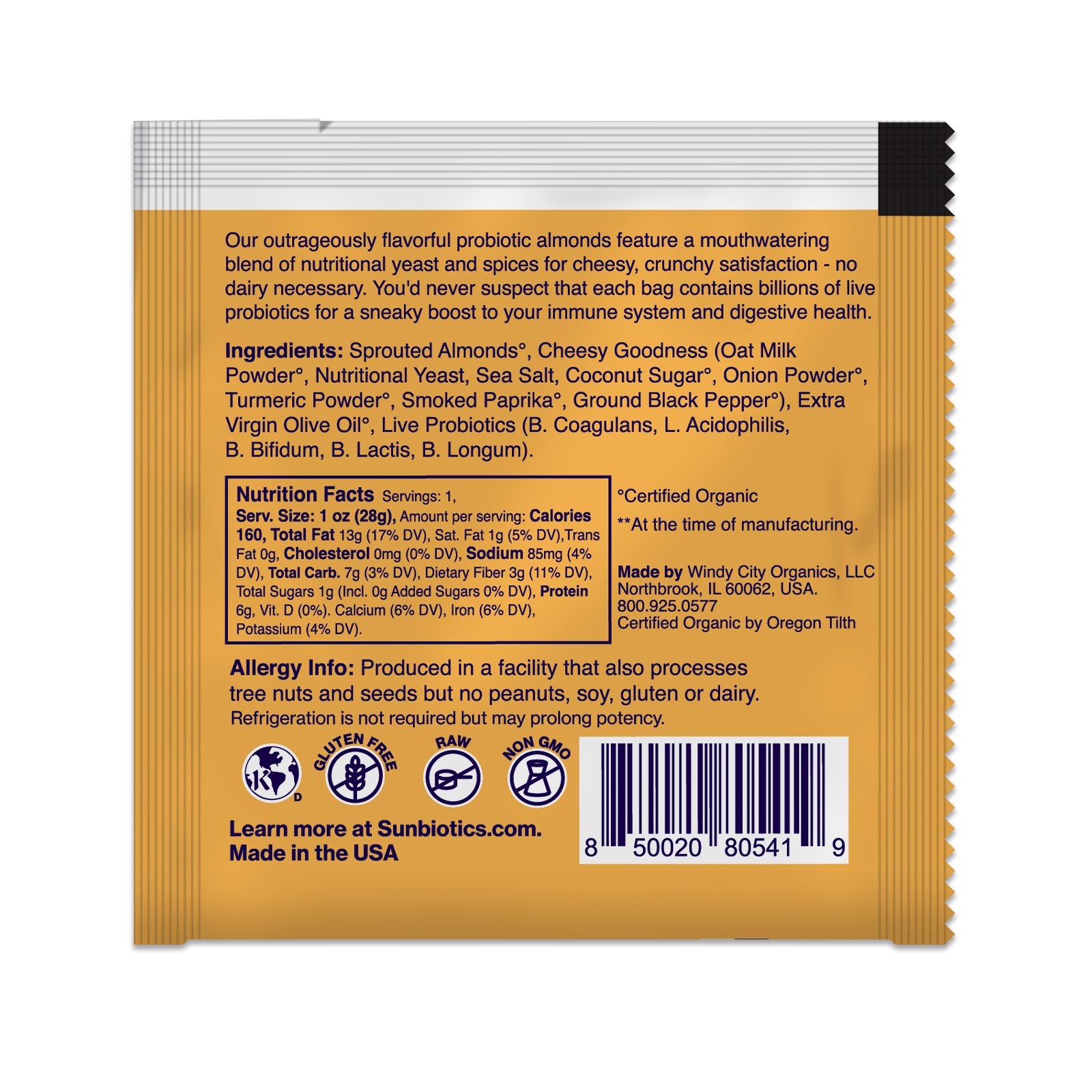 Back of package with ingredients and nutritional value.