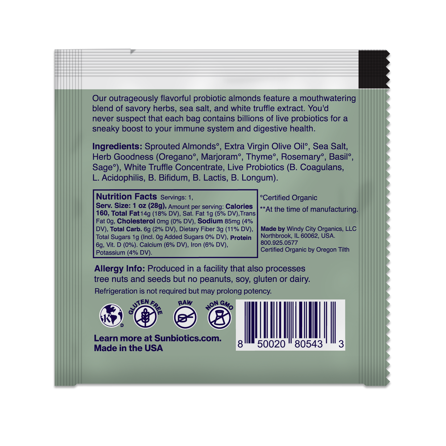 Back of package with ingredients and nutritional value.