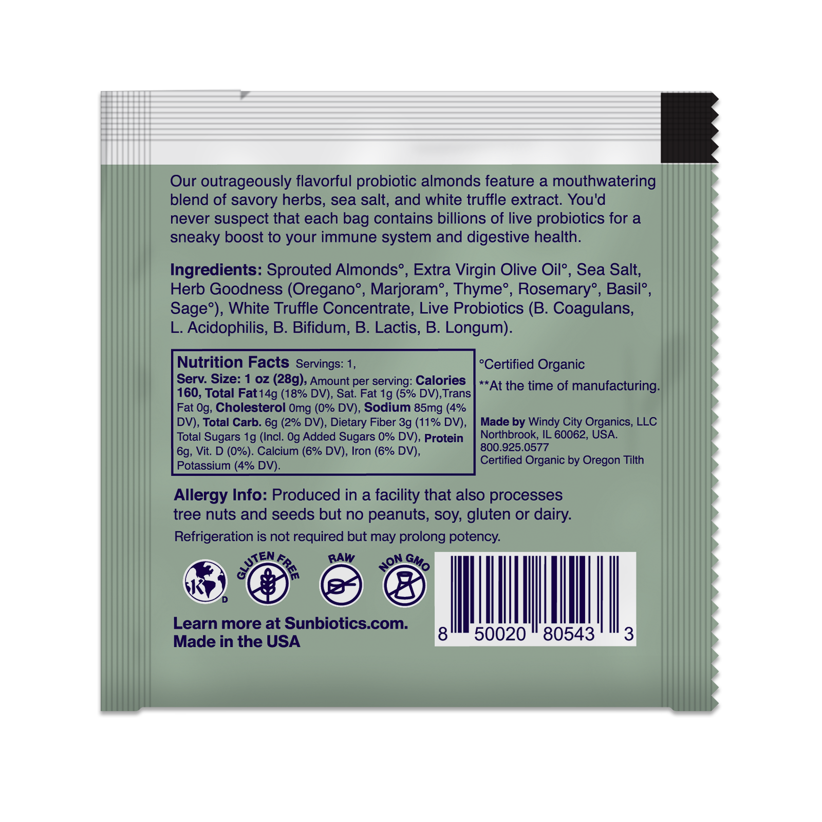 Back of package with ingredients and nutritional value.